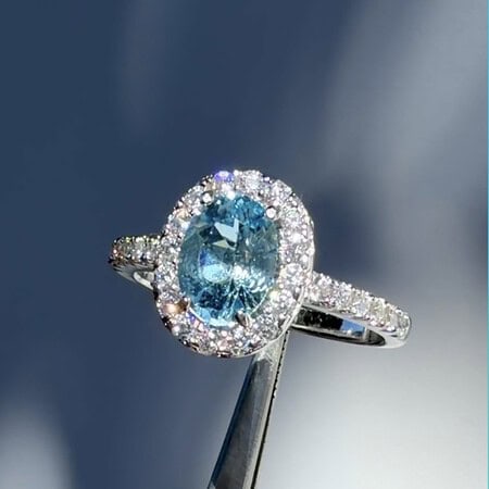 Oval Blue Aquamarine Halo Ring